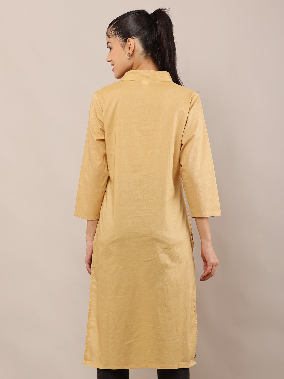 Women Khaki Viscose Kurta with V-Neck