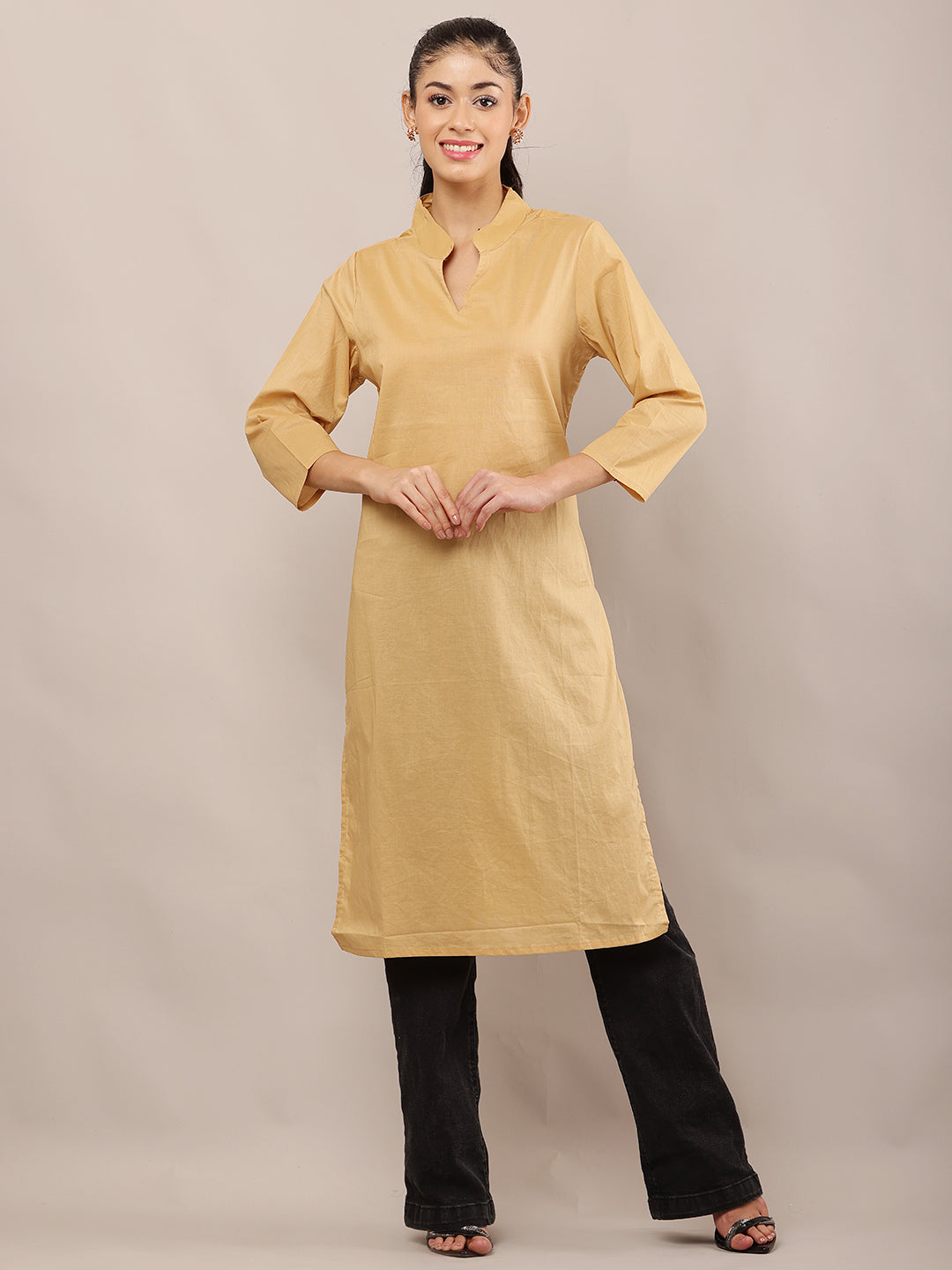 Women Khaki Viscose Kurta with V-Neck