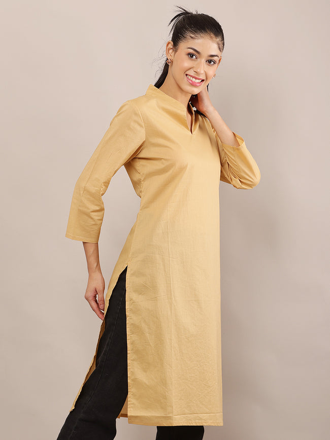 Women Khaki Viscose Kurta with V-Neck