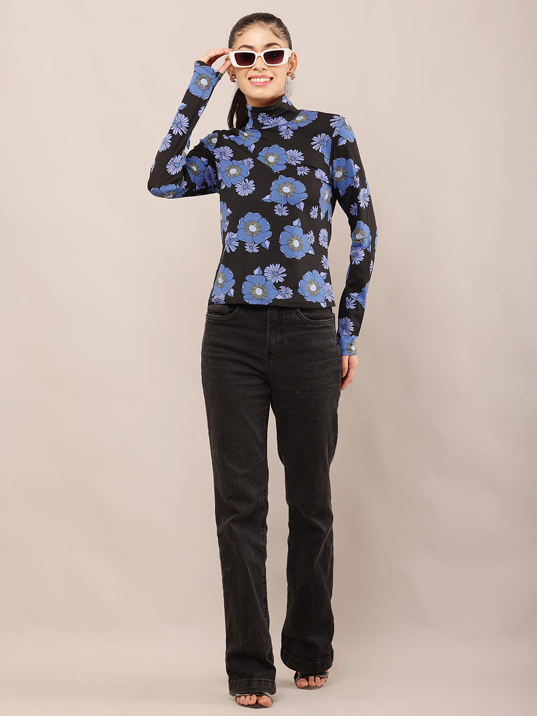 Women Black & Blue Floral High Neck Top