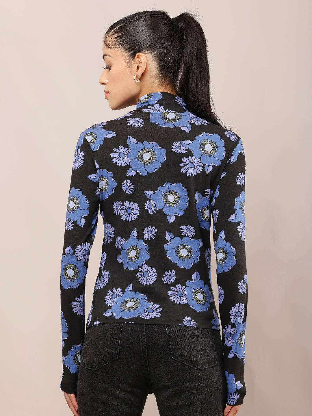 Women Black & Blue Floral High Neck Top