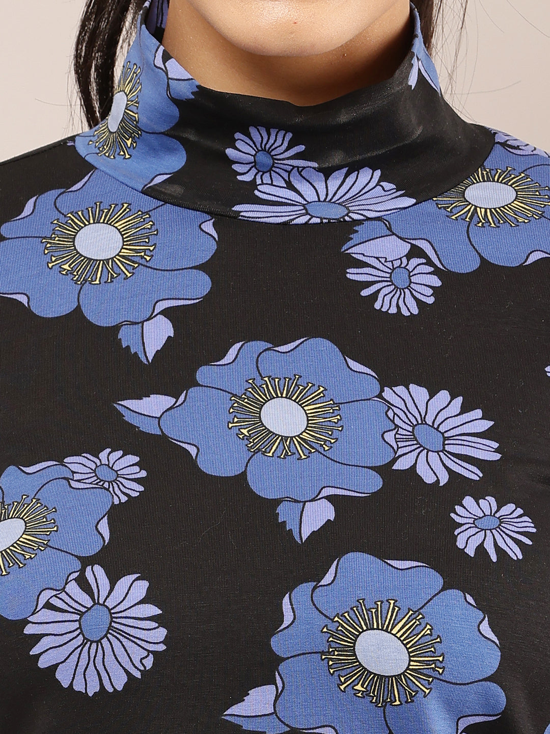 Women Black & Blue Floral High Neck Top