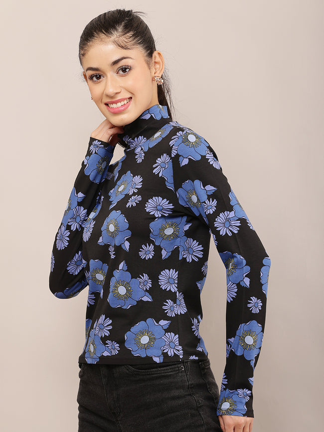 Women Black & Blue Floral High Neck Top