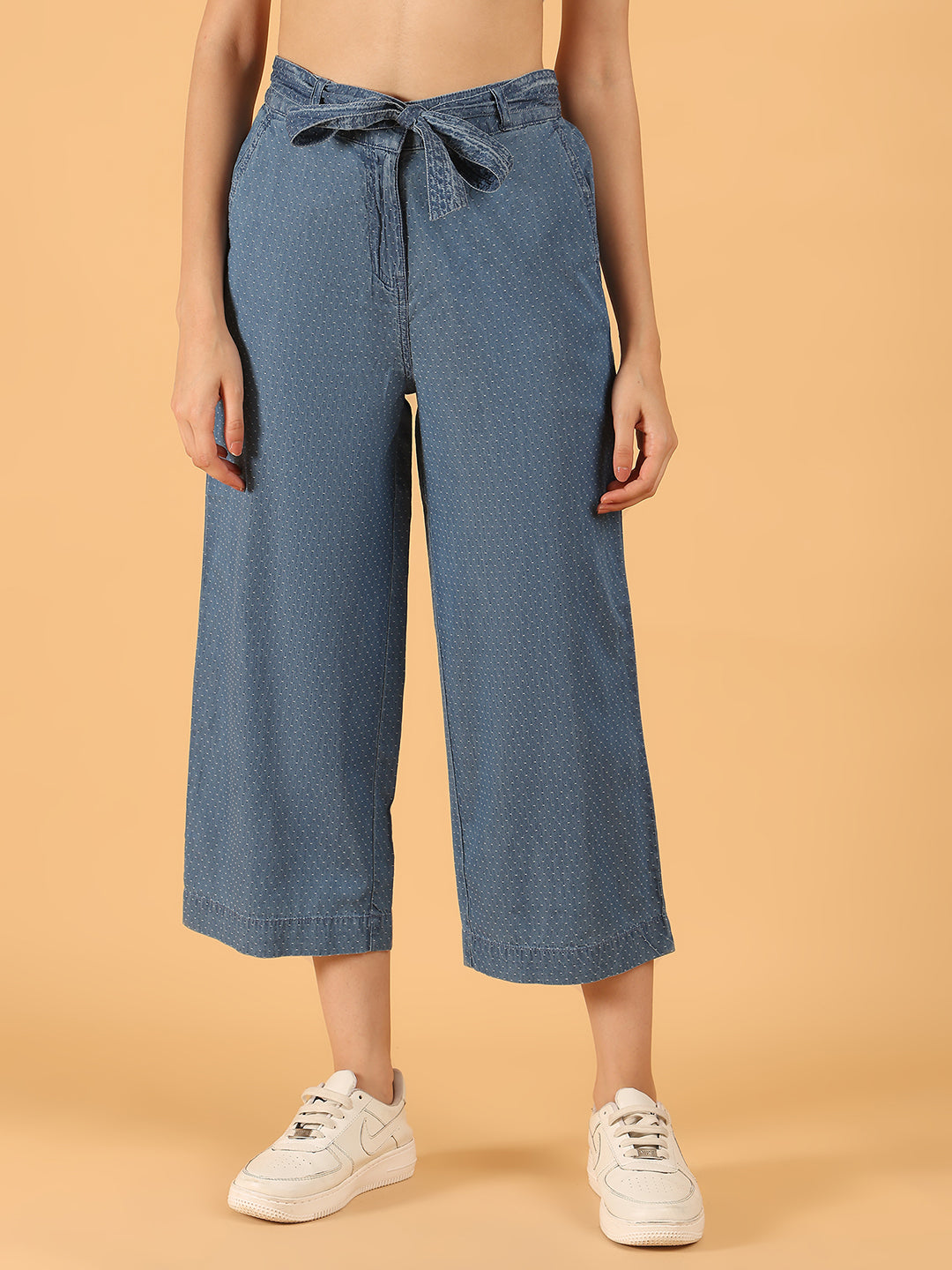 Women Blue Polka Dot Cotton Wide-Leg Culottes