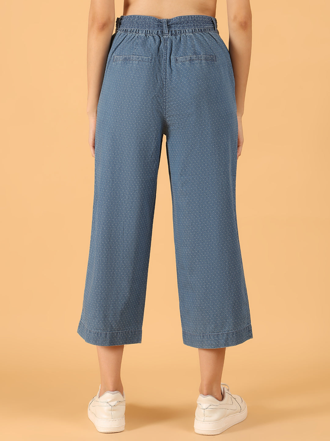 Women Blue Polka Dot Cotton Wide-Leg Culottes