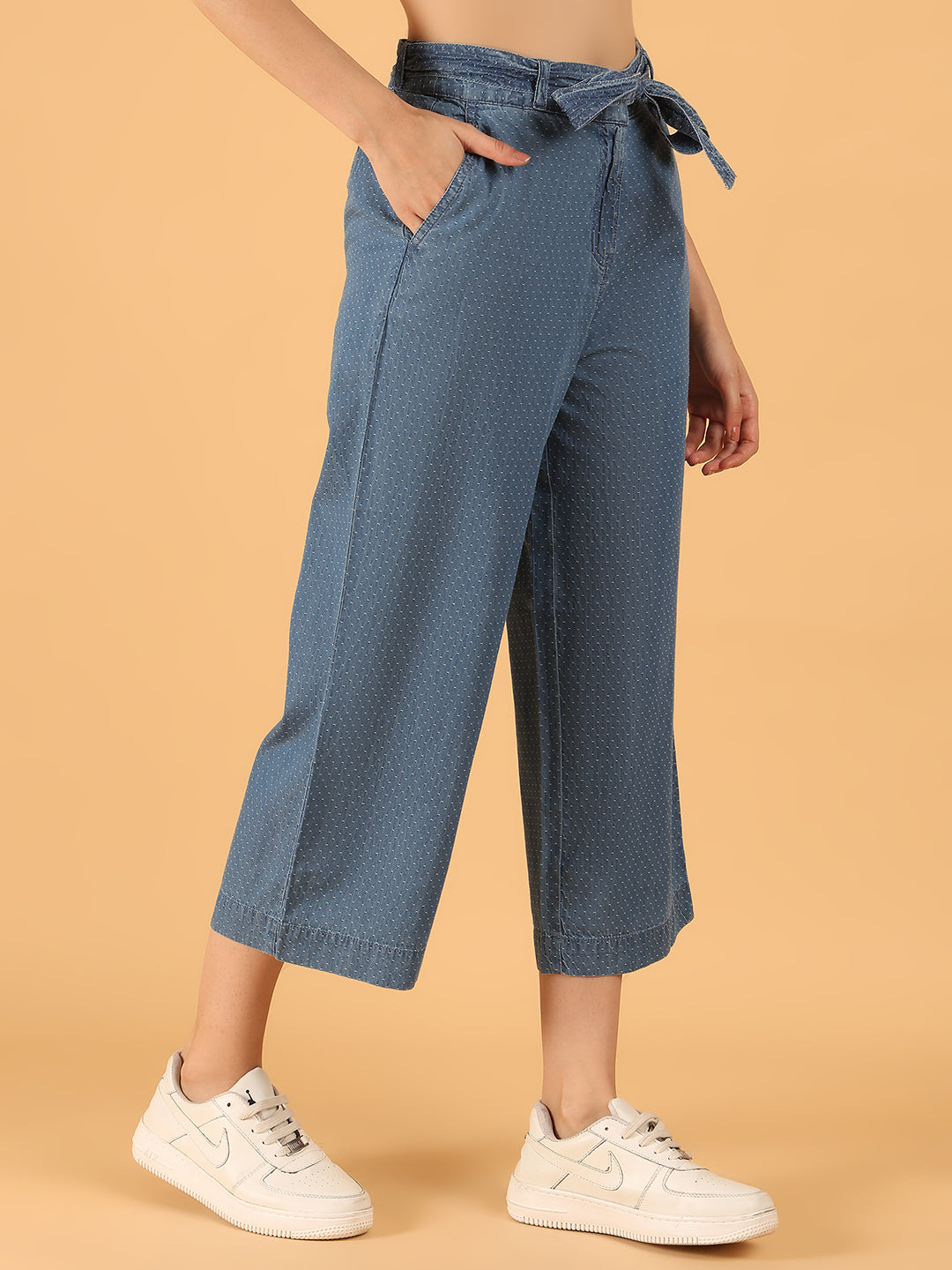 Women Blue Polka Dot Cotton Wide-Leg Culottes
