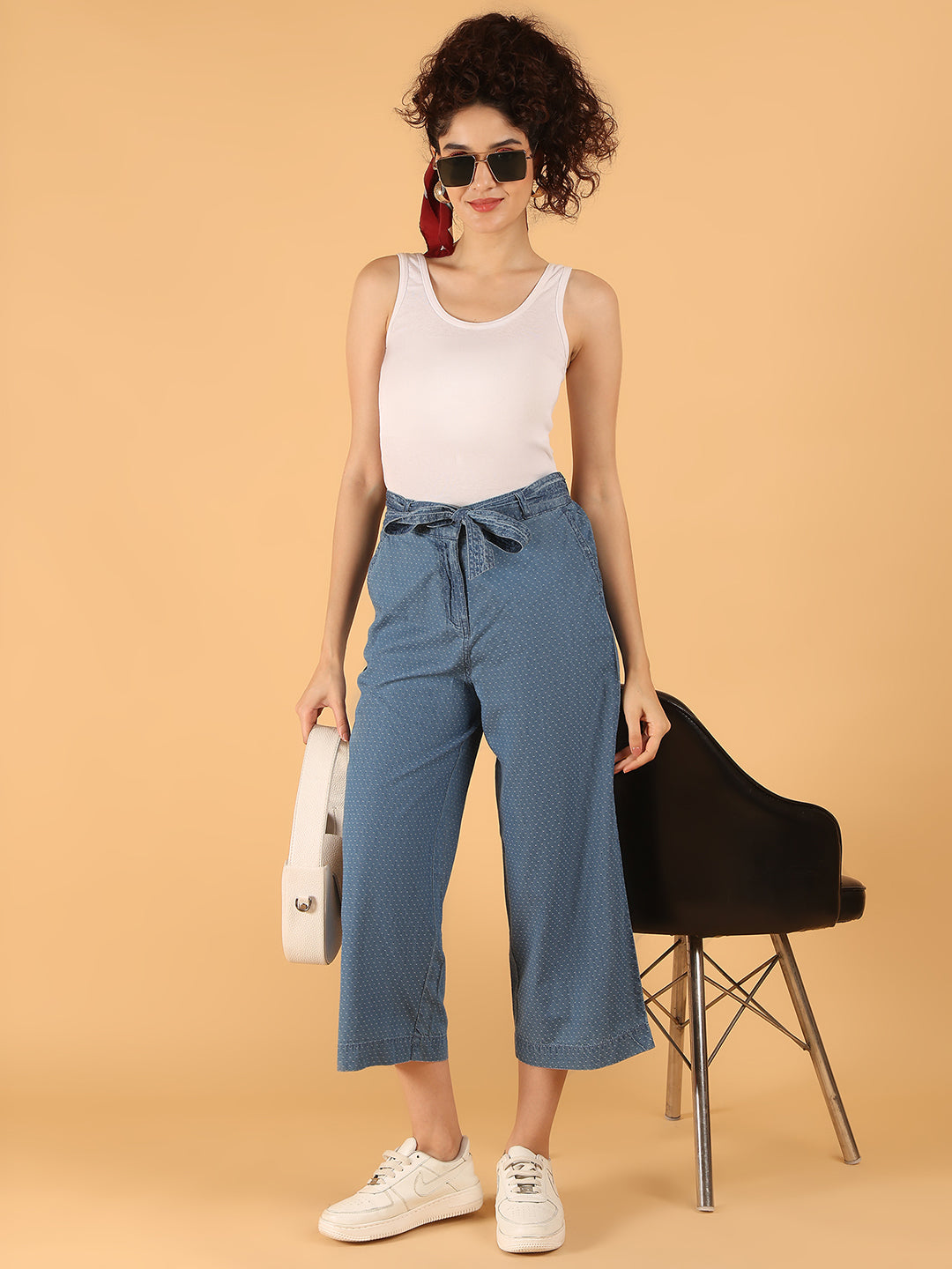 Women Blue Polka Dot Cotton Wide-Leg Culottes