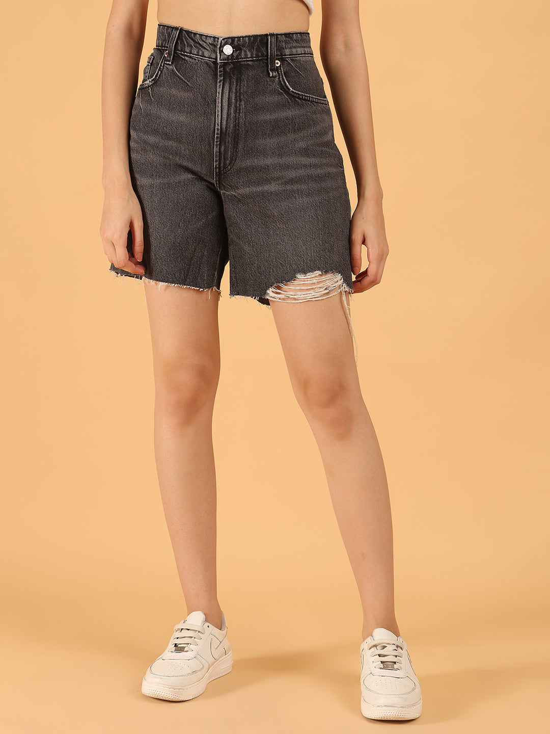 Women Distressed Black High-Rise Denim Shorts