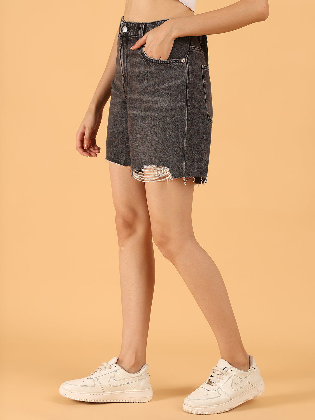 Women Distressed Black High-Rise Denim Shorts