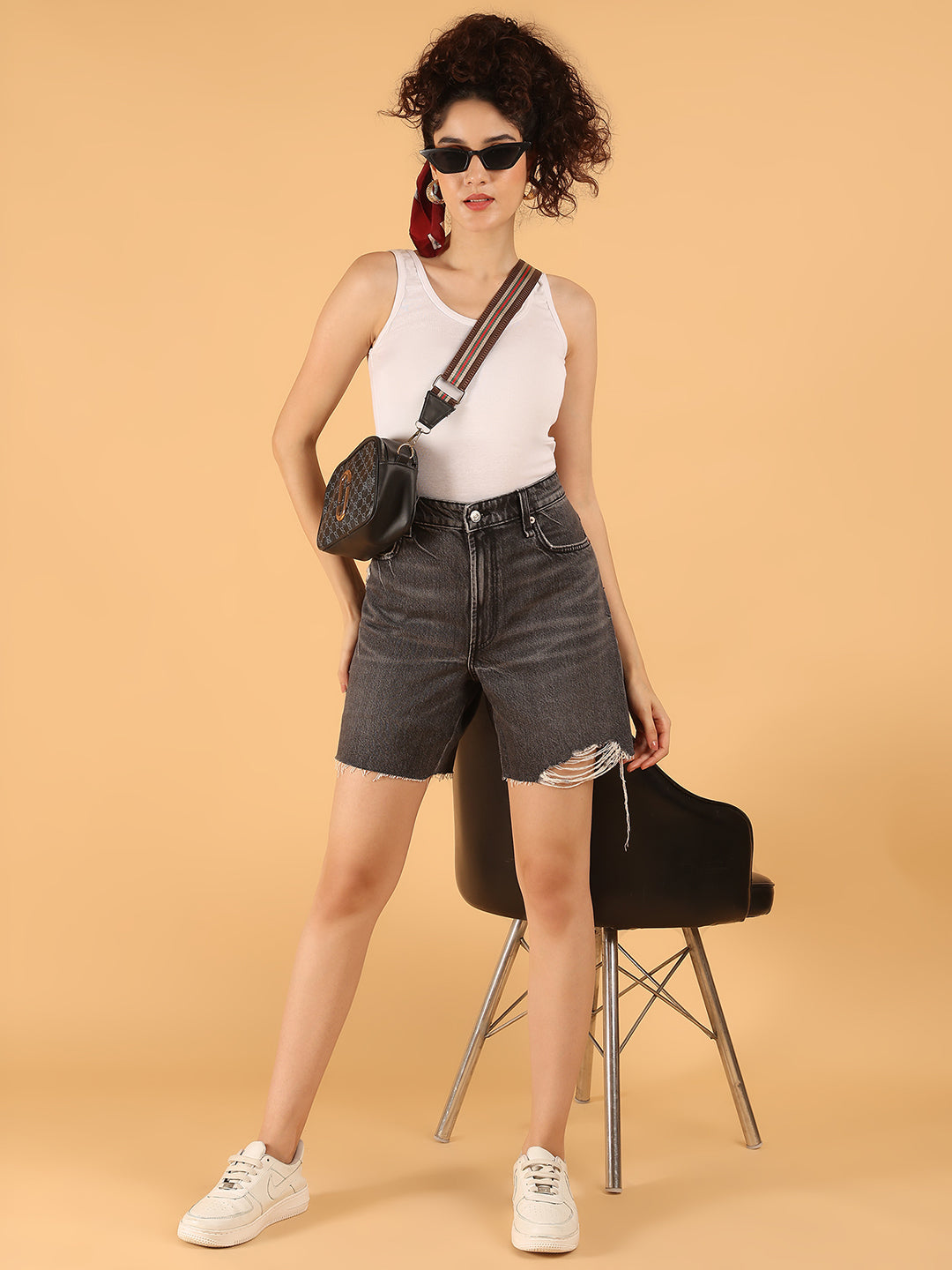 Women Distressed Black High-Rise Denim Shorts