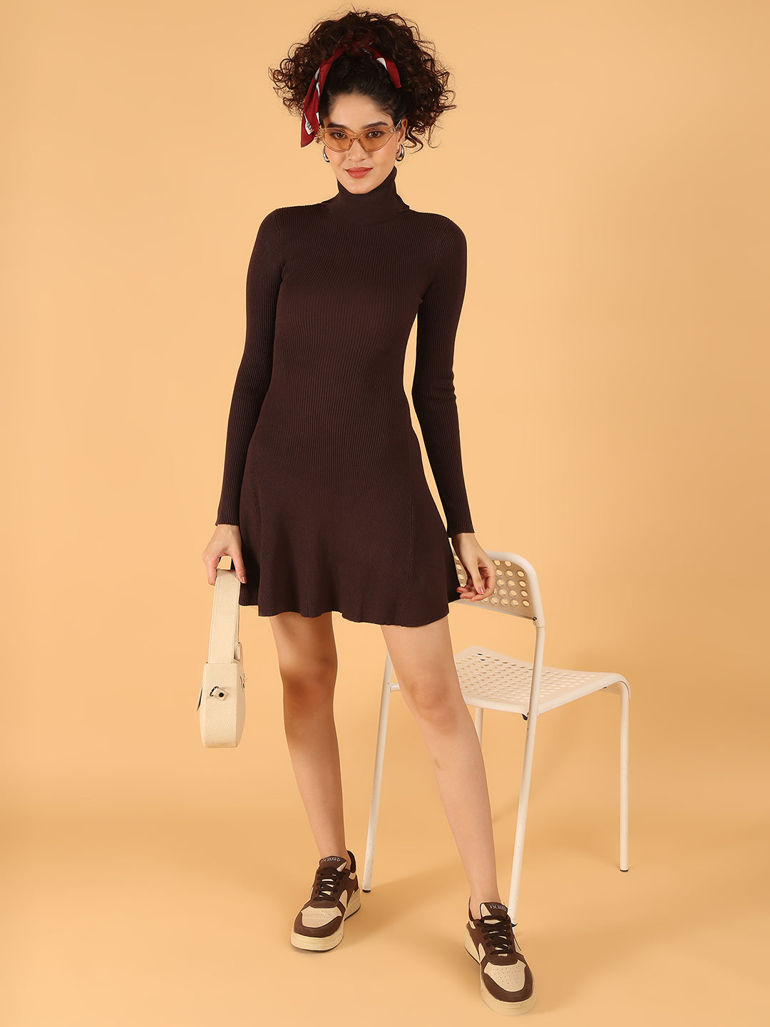 Women Brown Ribbed Bodycon Mini Dress