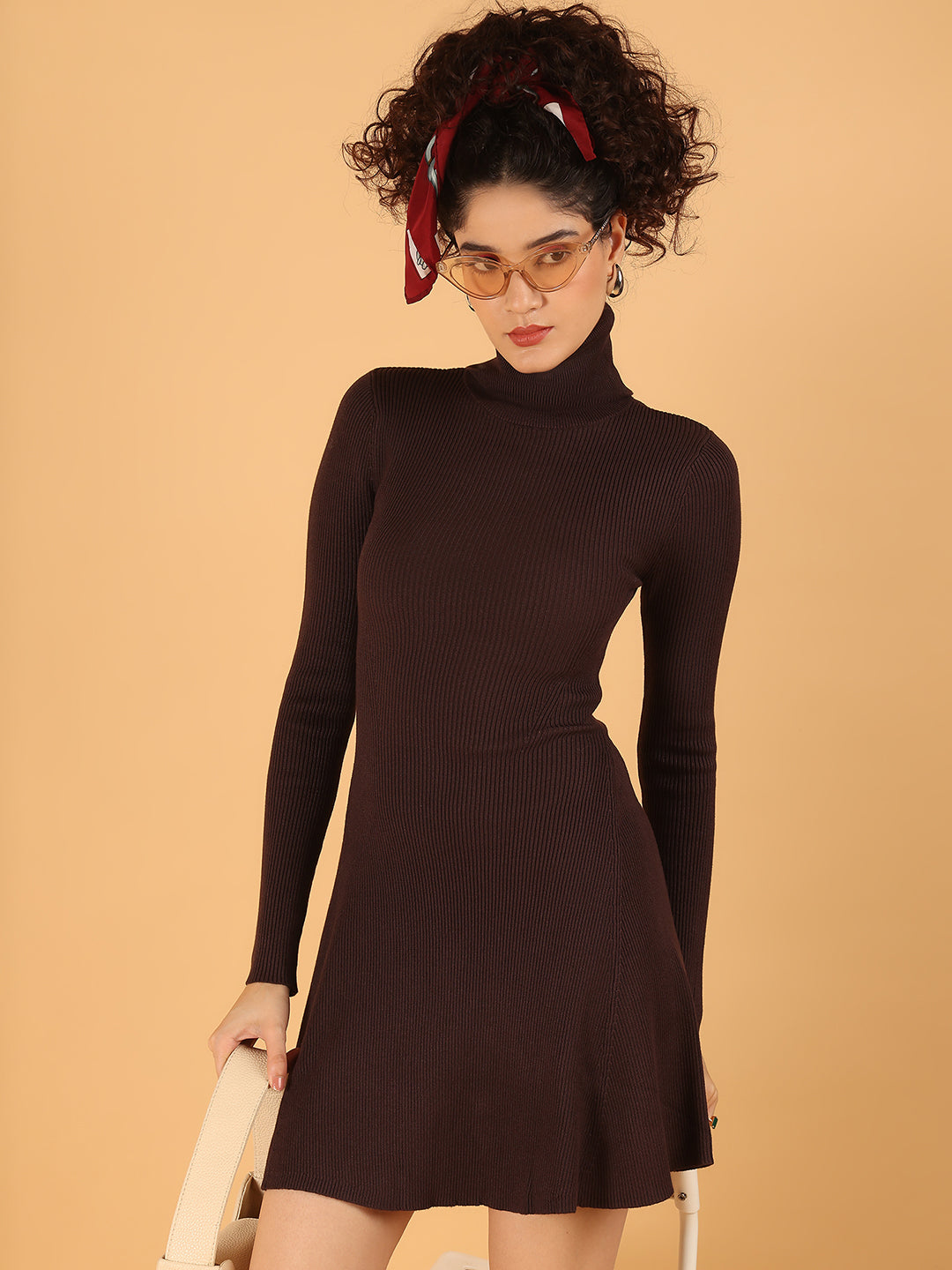 Women Brown Ribbed Bodycon Mini Dress