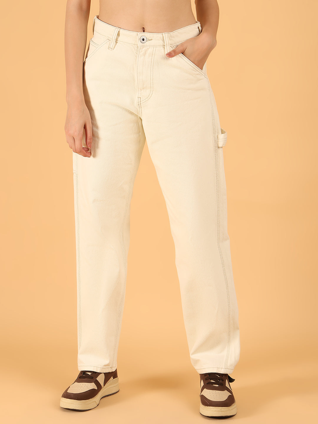 Women White Cotton Utility Straight Fit Pants