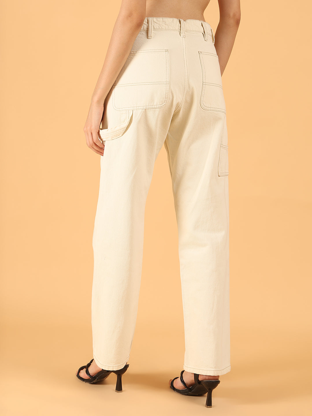 Women White Cotton Utility Straight Fit Pants