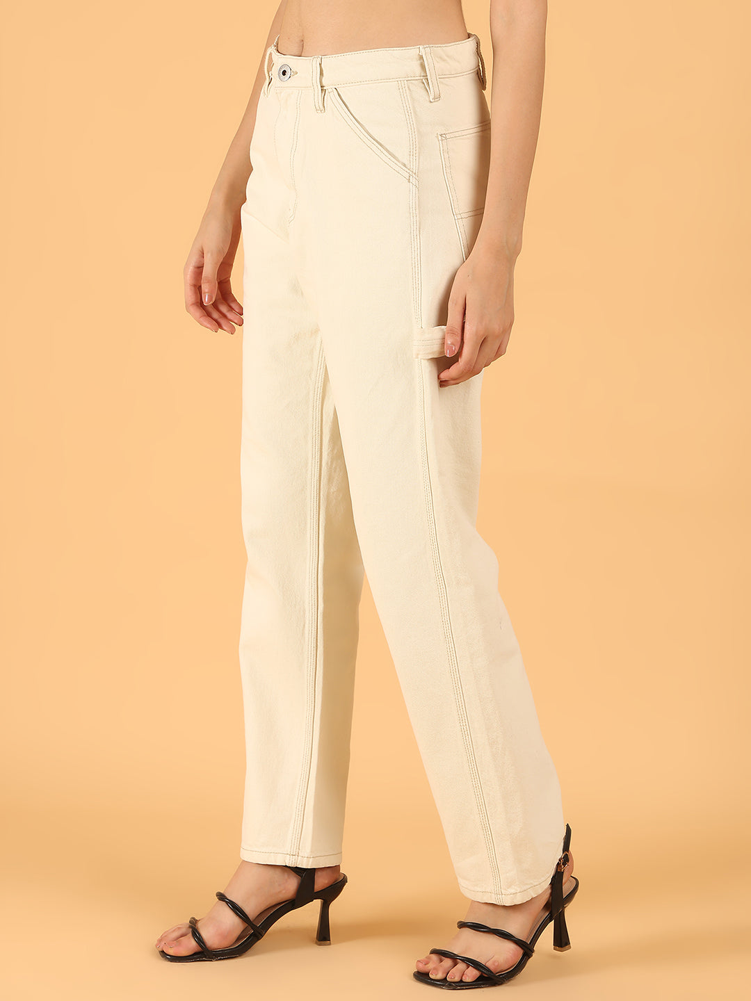 Women White Cotton Utility Straight Fit Pants