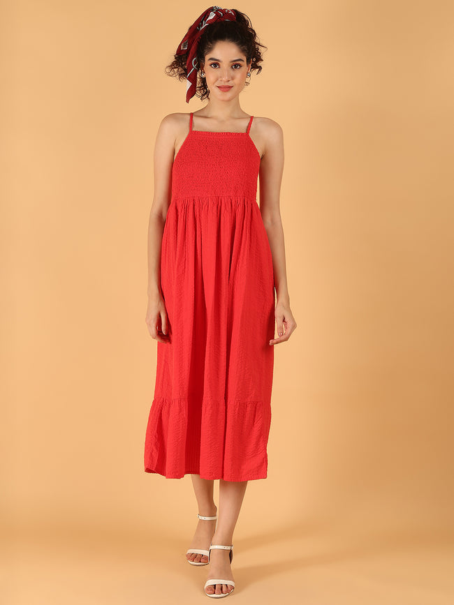 Women Red Cotton Smocked Midi Summer Dress
