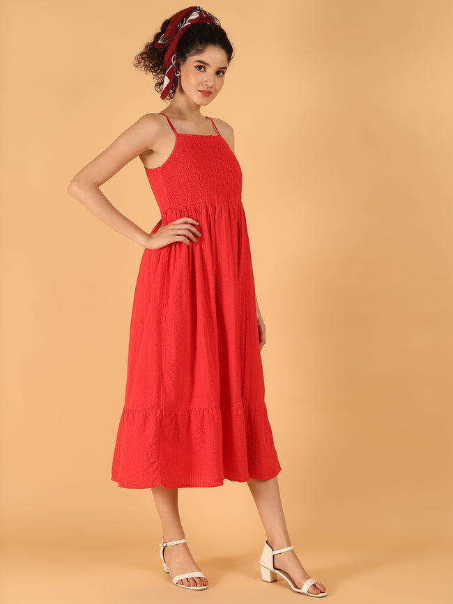 Women Red Cotton Smocked Midi Summer Dress