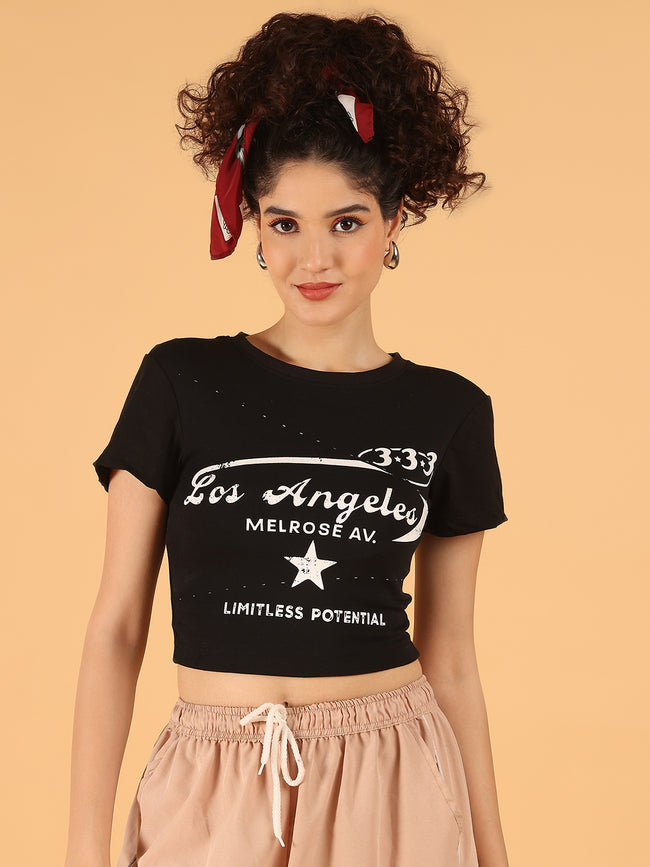 Women Black Graphic Los Angeles Crop Top