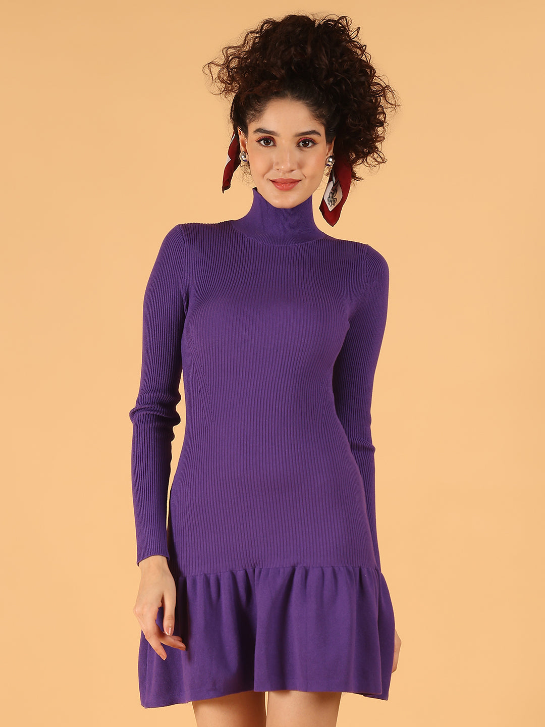 Women Purple Bodycon Dress with Ruffled Hem