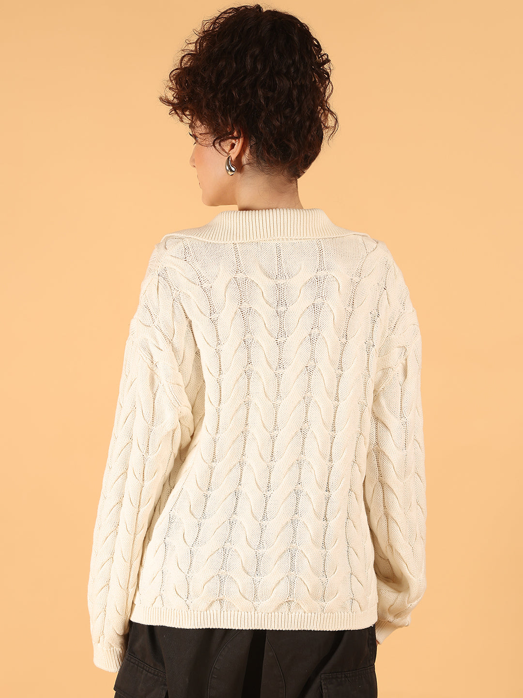 Women Off-White Cable Knit Sweater with Laces