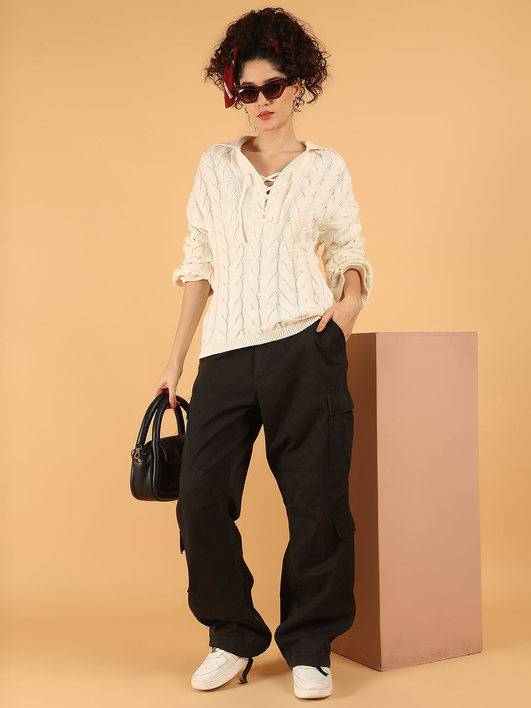 Women Off-White Cable Knit Sweater with Laces