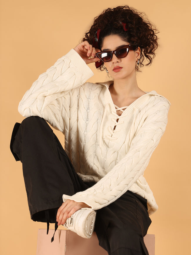 Women Off-White Cable Knit Sweater with Laces