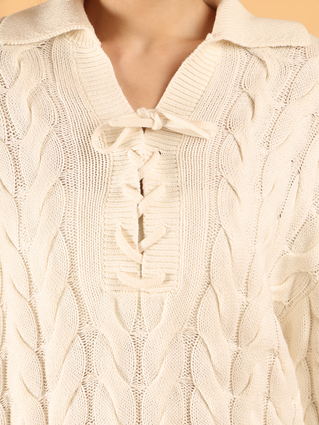 Women Off-White Cable Knit Sweater with Laces