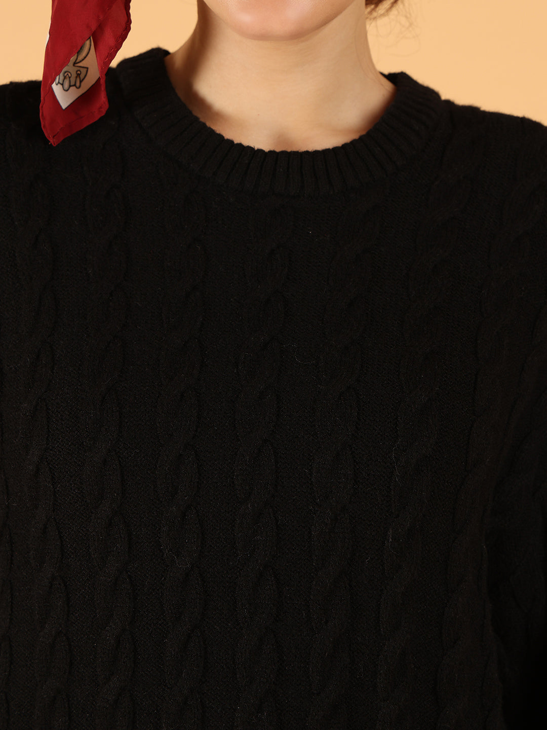 Women Black Cable Knit Baggy Style Sweater