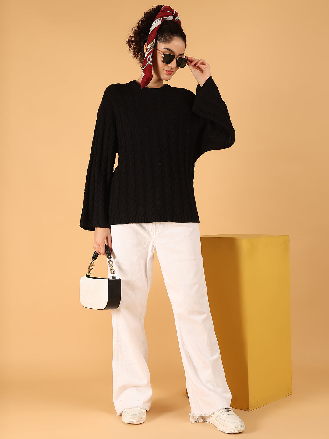 Women Black Cable Knit Baggy Style Sweater