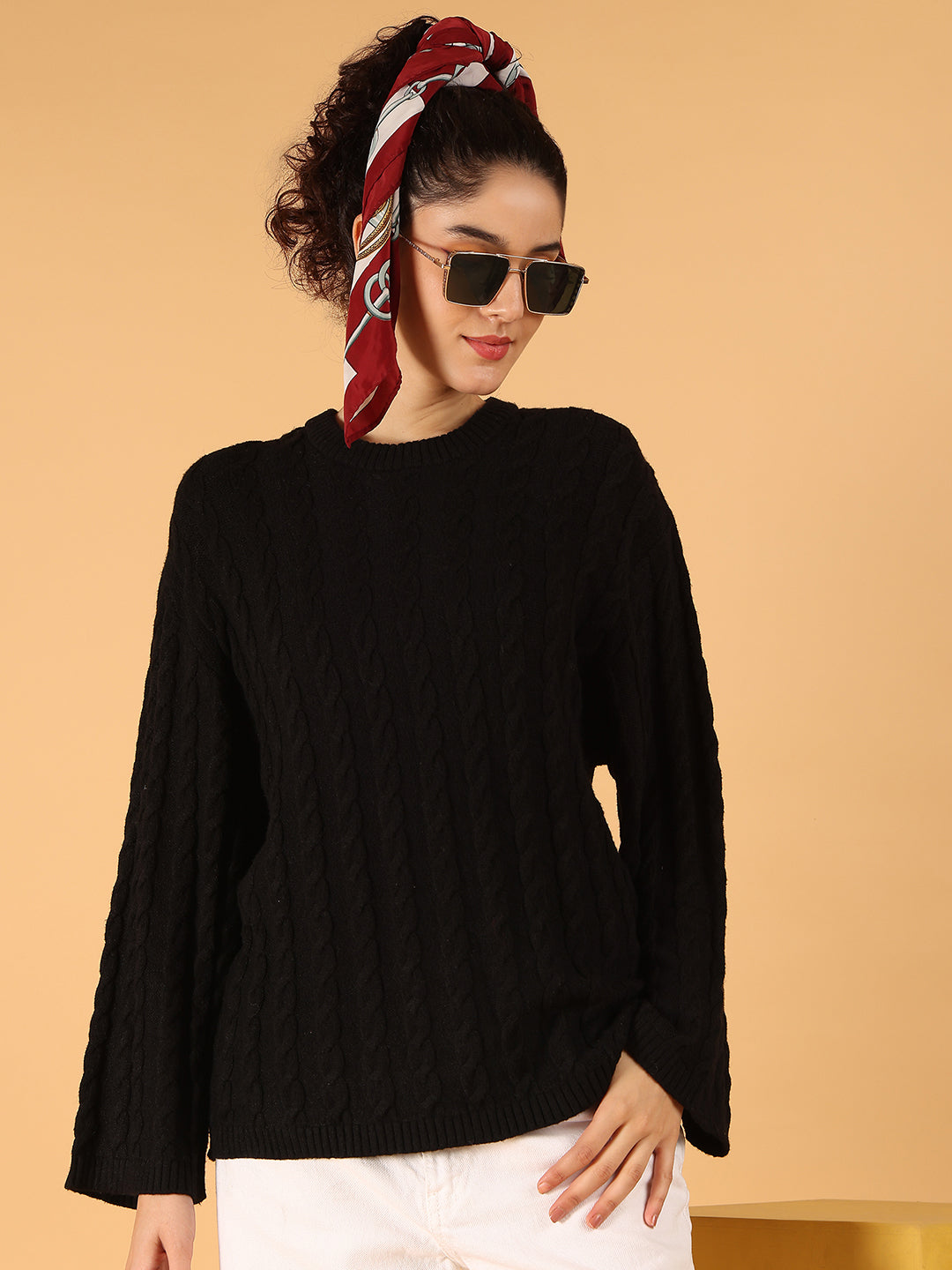 Women Black Cable Knit Baggy Style Sweater