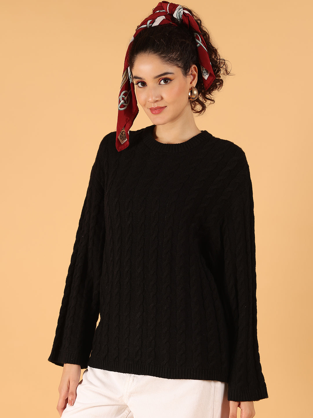 Women Black Cable Knit Baggy Style Sweater