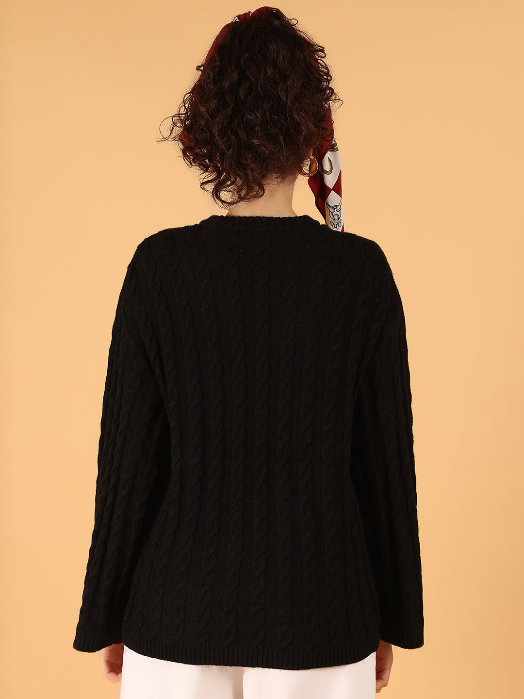 Women Black Cable Knit Baggy Style Sweater