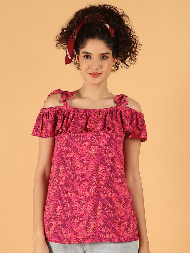 Women Pink Off-Shoulder Ruffle Leaf Print Top