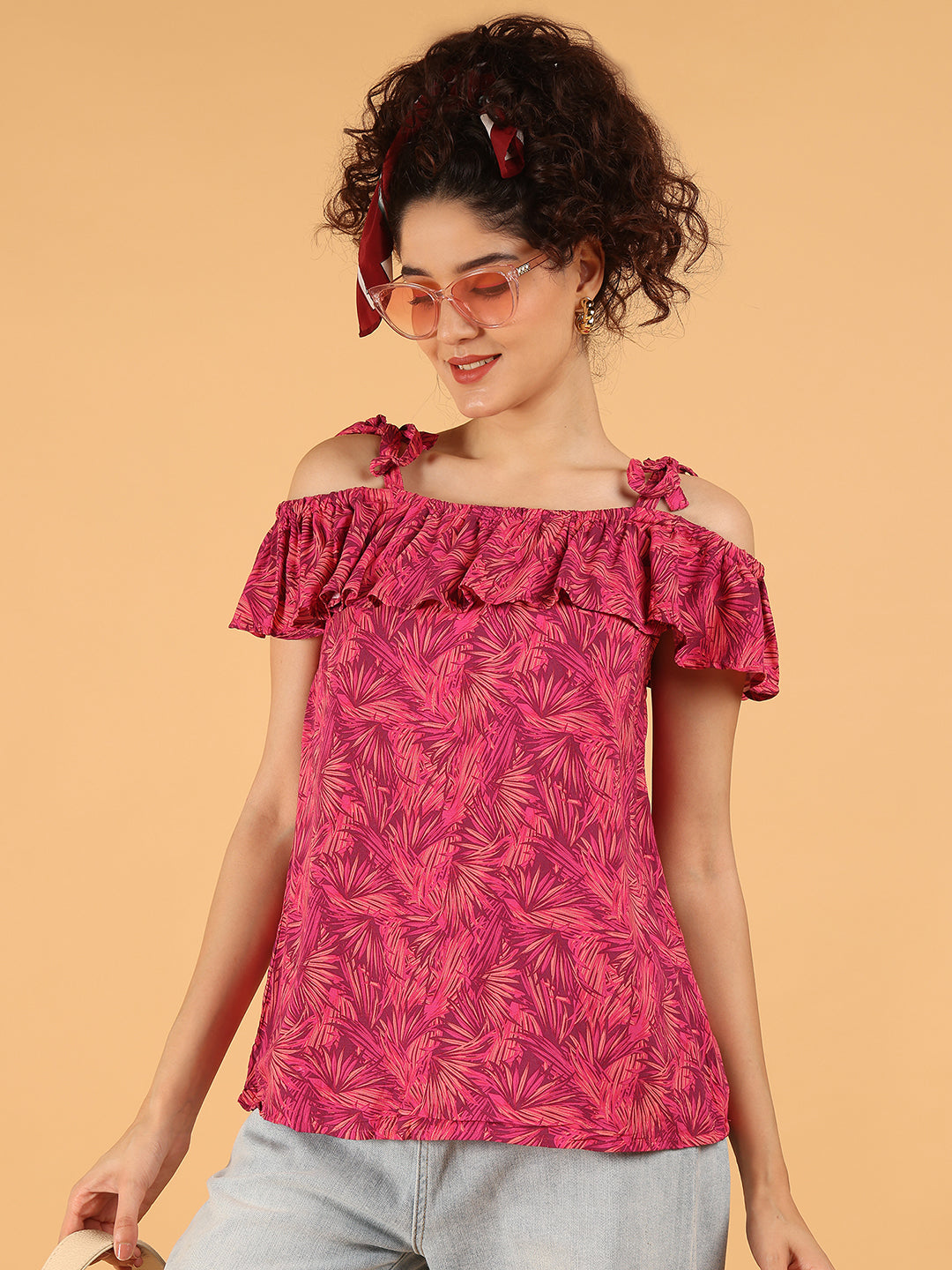 Women Pink Off-Shoulder Ruffle Leaf Print Top
