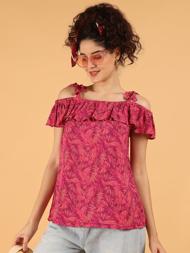Women Pink Off-Shoulder Ruffle Leaf Print Top