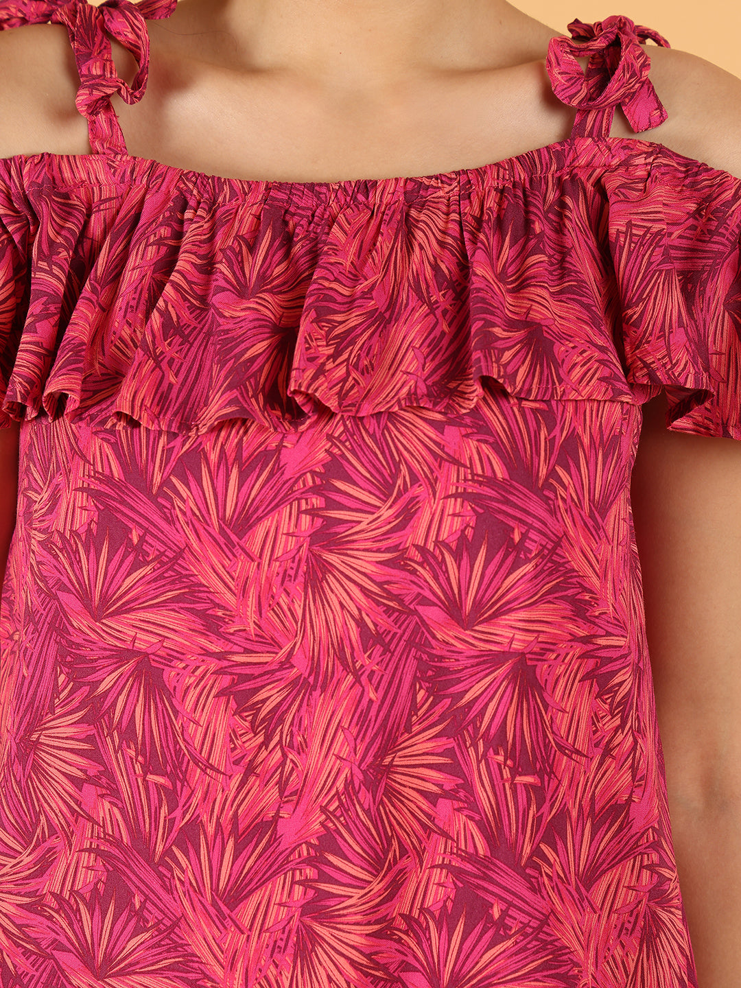 Women Pink Off-Shoulder Ruffle Leaf Print Top