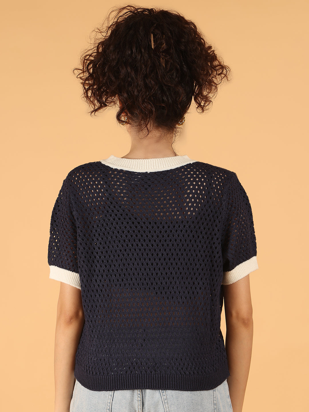 Women Dark Blue Open-Knit Short Sleeve Sweater