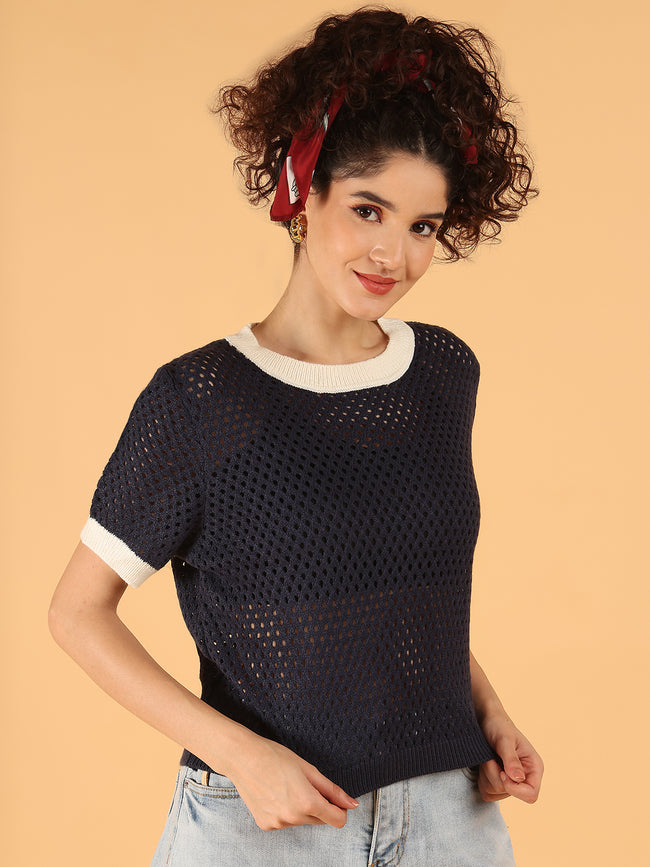 Women Dark Blue Open-Knit Short Sleeve Sweater