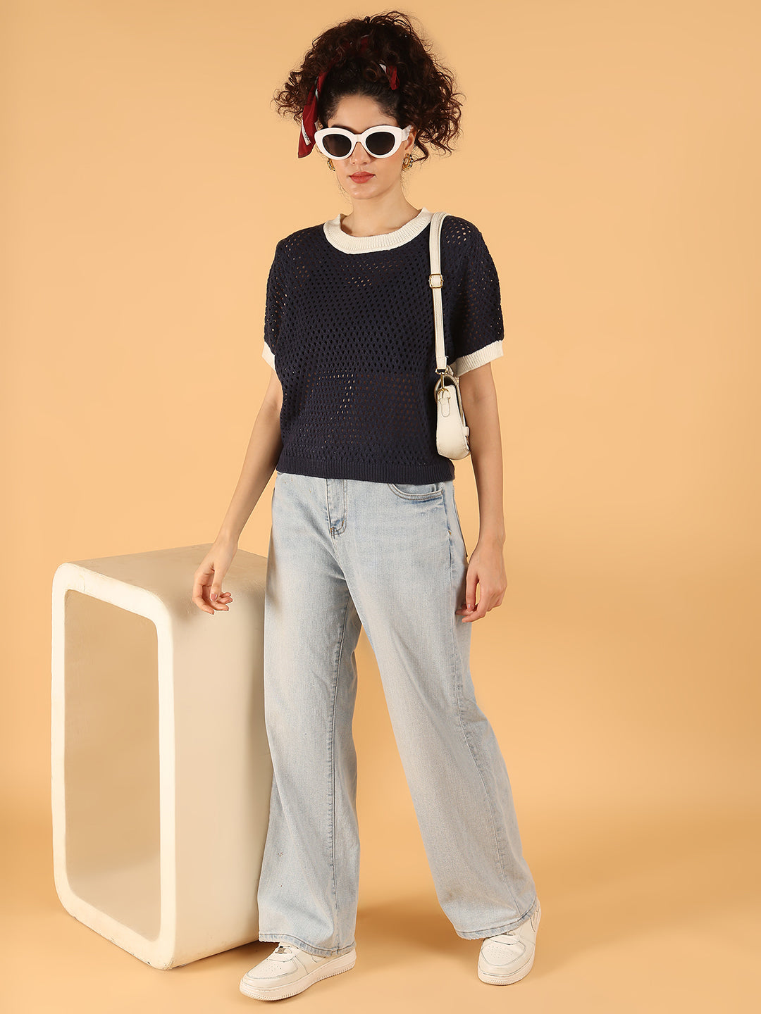 Women Dark Blue Open-Knit Short Sleeve Sweater