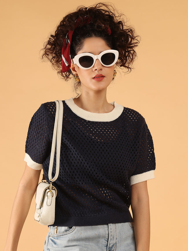 Women Dark Blue Open-Knit Short Sleeve Sweater