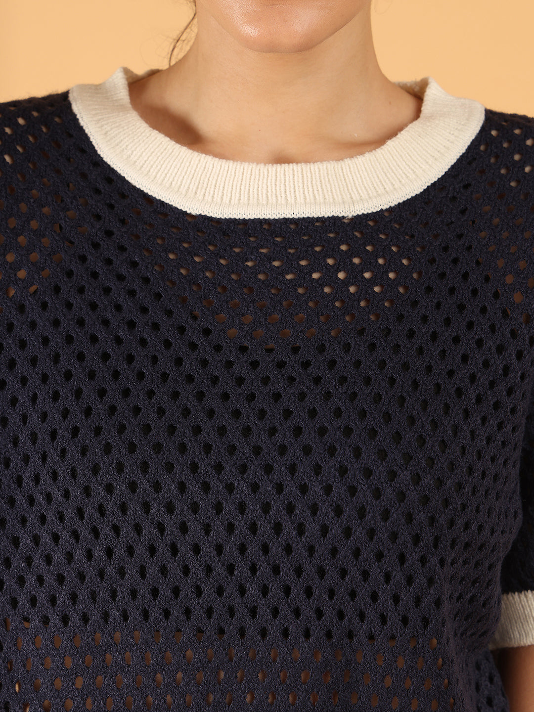 Women Dark Blue Open-Knit Short Sleeve Sweater