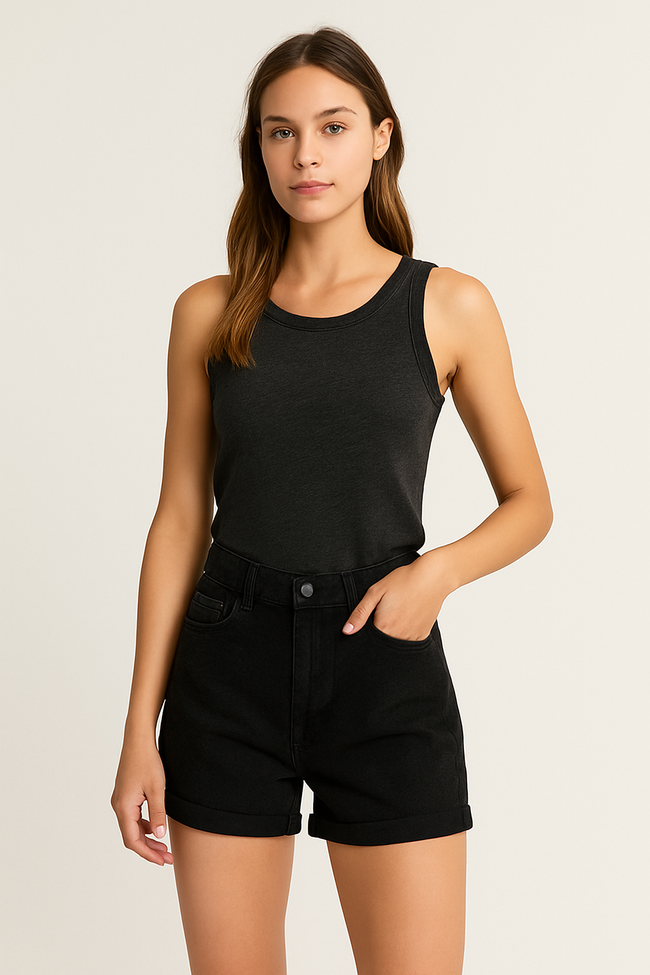 Women Cotton Black High-Waist Denim Shorts