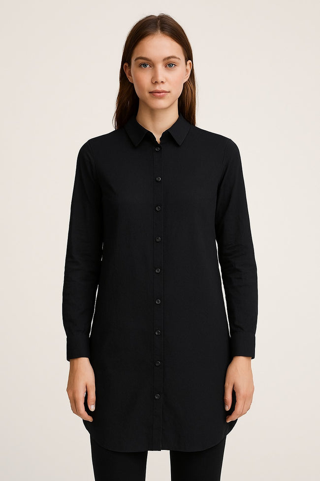 Women Black Cotton Longline Shirt Tunic