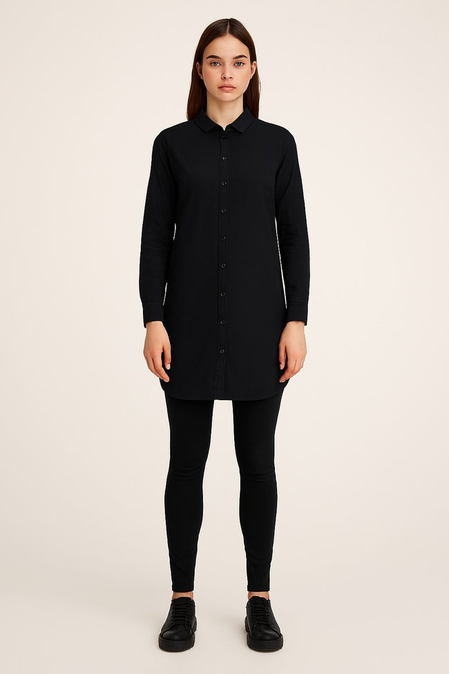 Women Black Cotton Longline Shirt Tunic