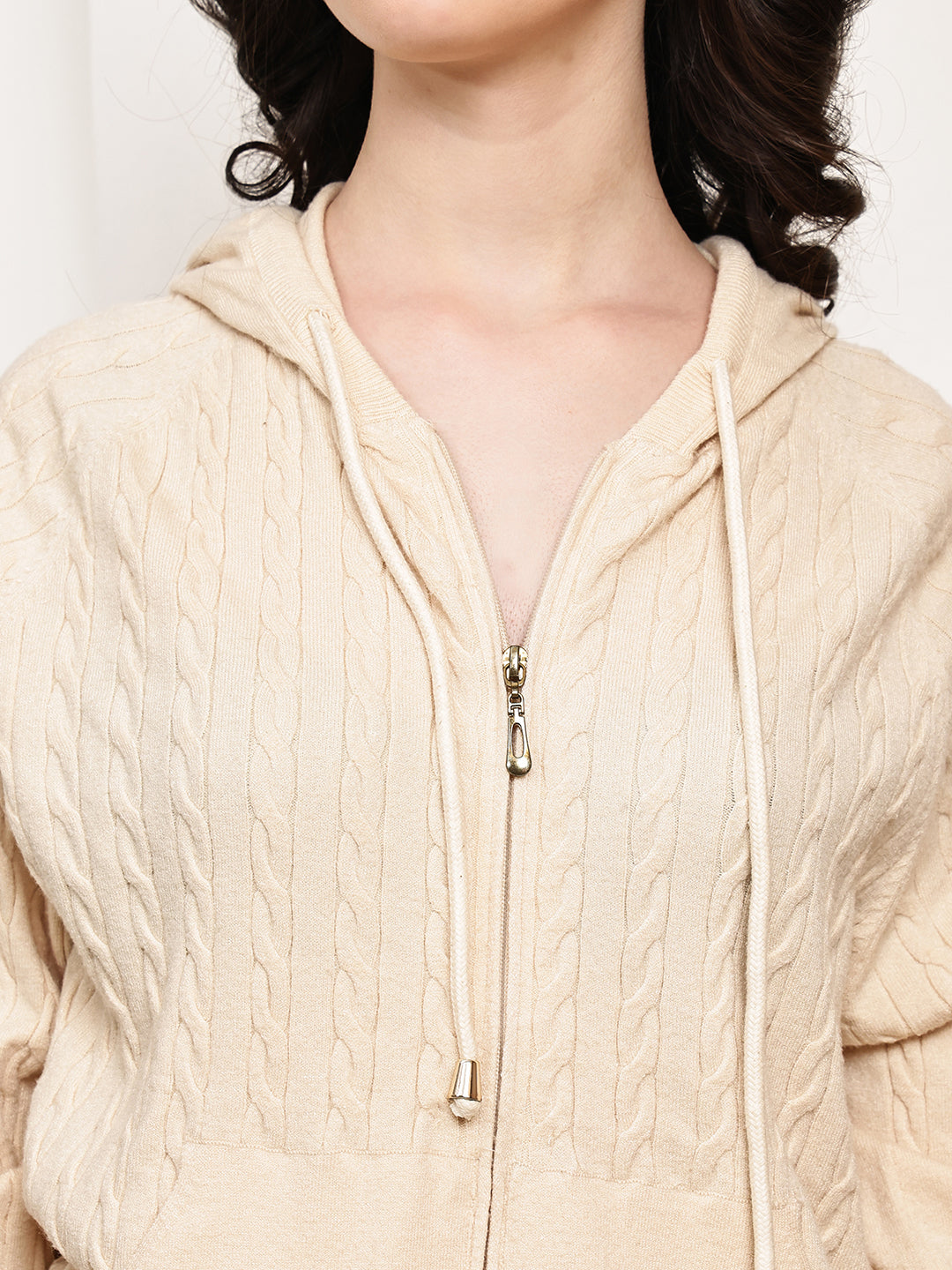Women Cream Rayon Knit Zip-Up Hoodie