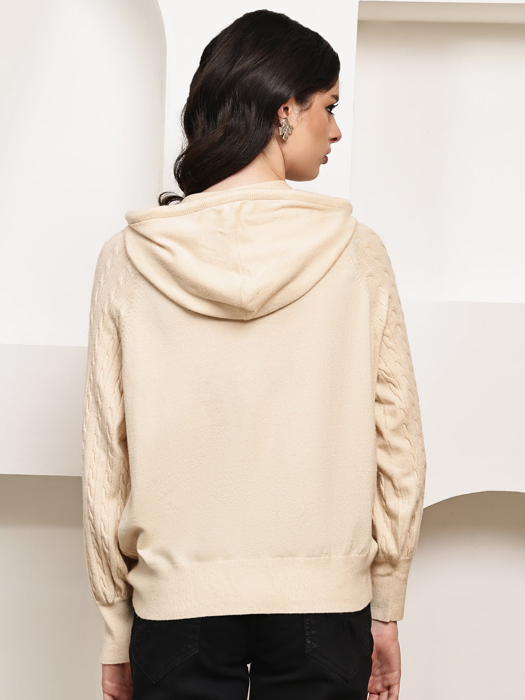 Women Cream Rayon Knit Zip-Up Hoodie