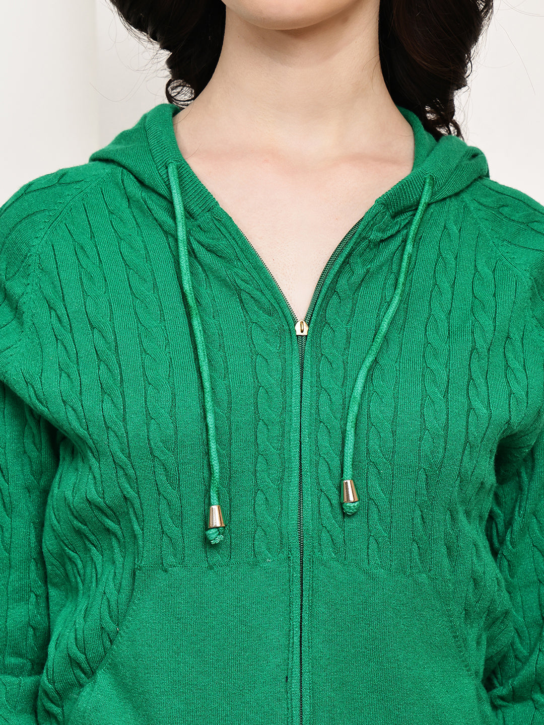 Women Green Rayon Knit Zip-Up Hoodie