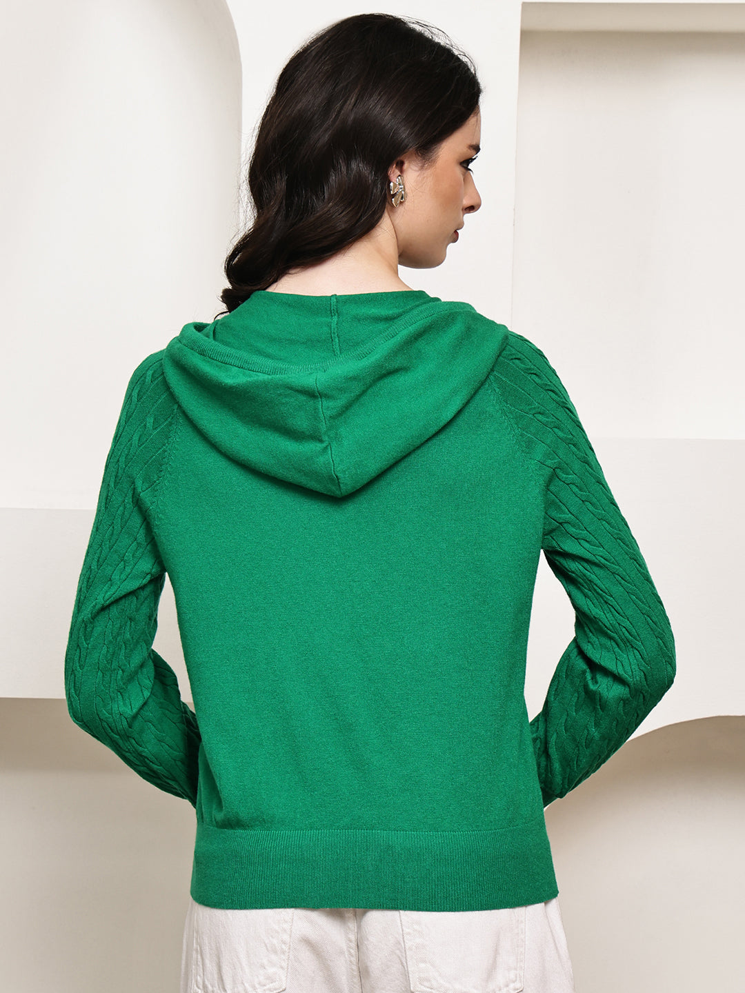 Women Green Rayon Knit Zip-Up Hoodie