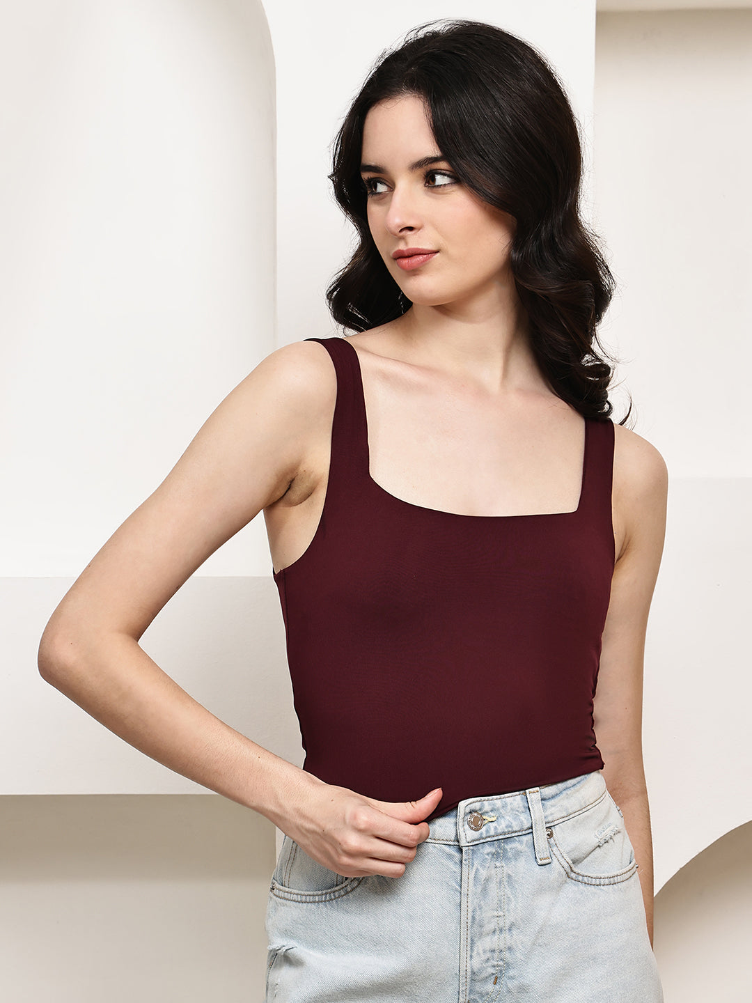 Women Wine Polyester Square Neck Tank Top