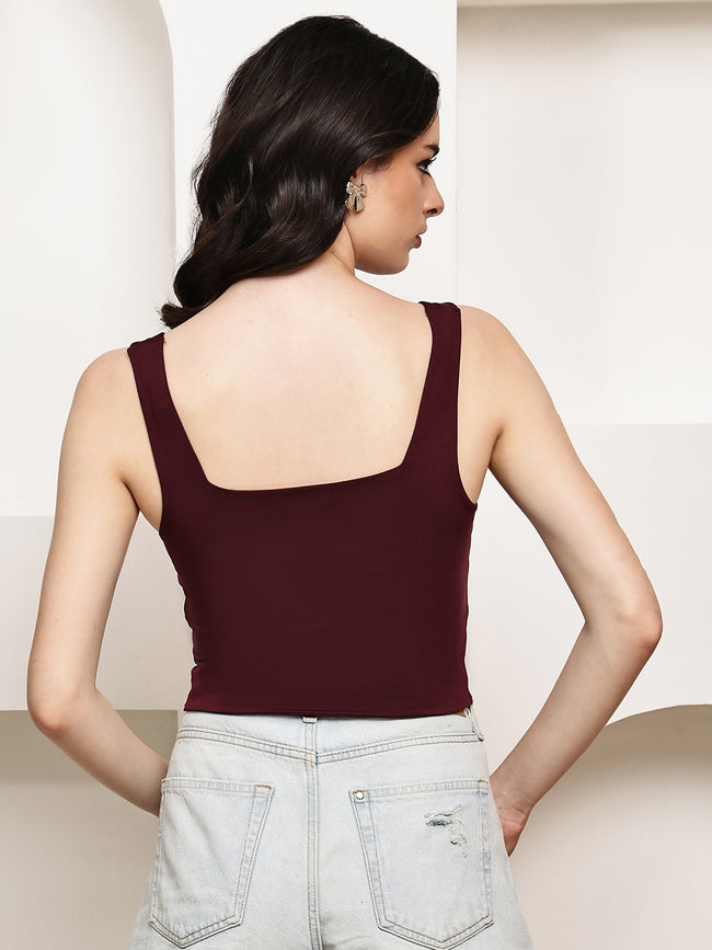 Women Wine Polyester Square Neck Tank Top